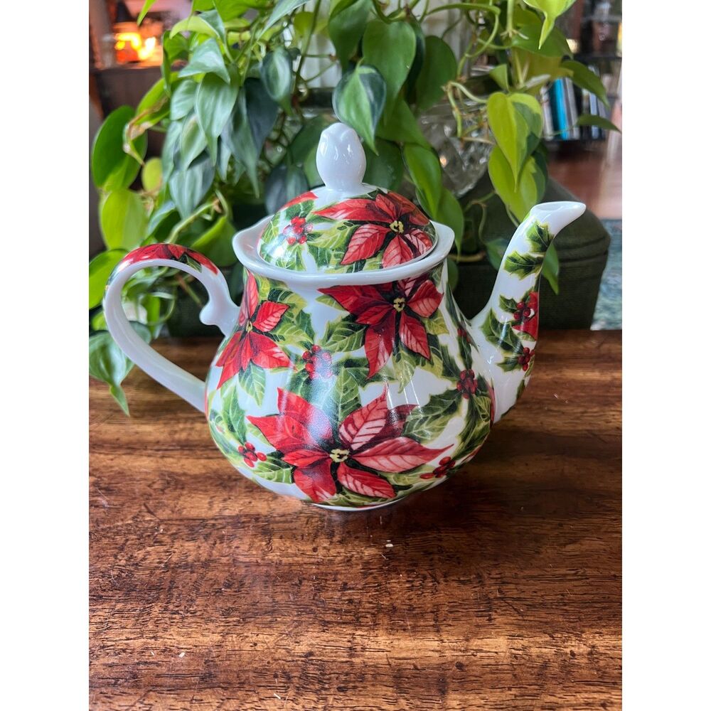 Christmas Poinsettia & Holly Teapot | Holiday Tea Pot, Winter Floral Decor